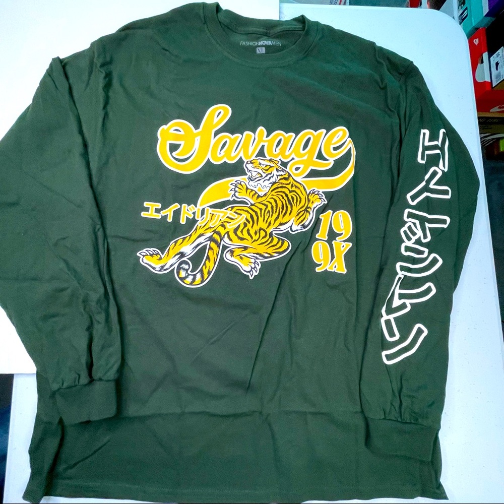 Savage Tiger Green & Orange Long Sleeve Mens Graphic Tee Shirt Size XL & 2XL Top